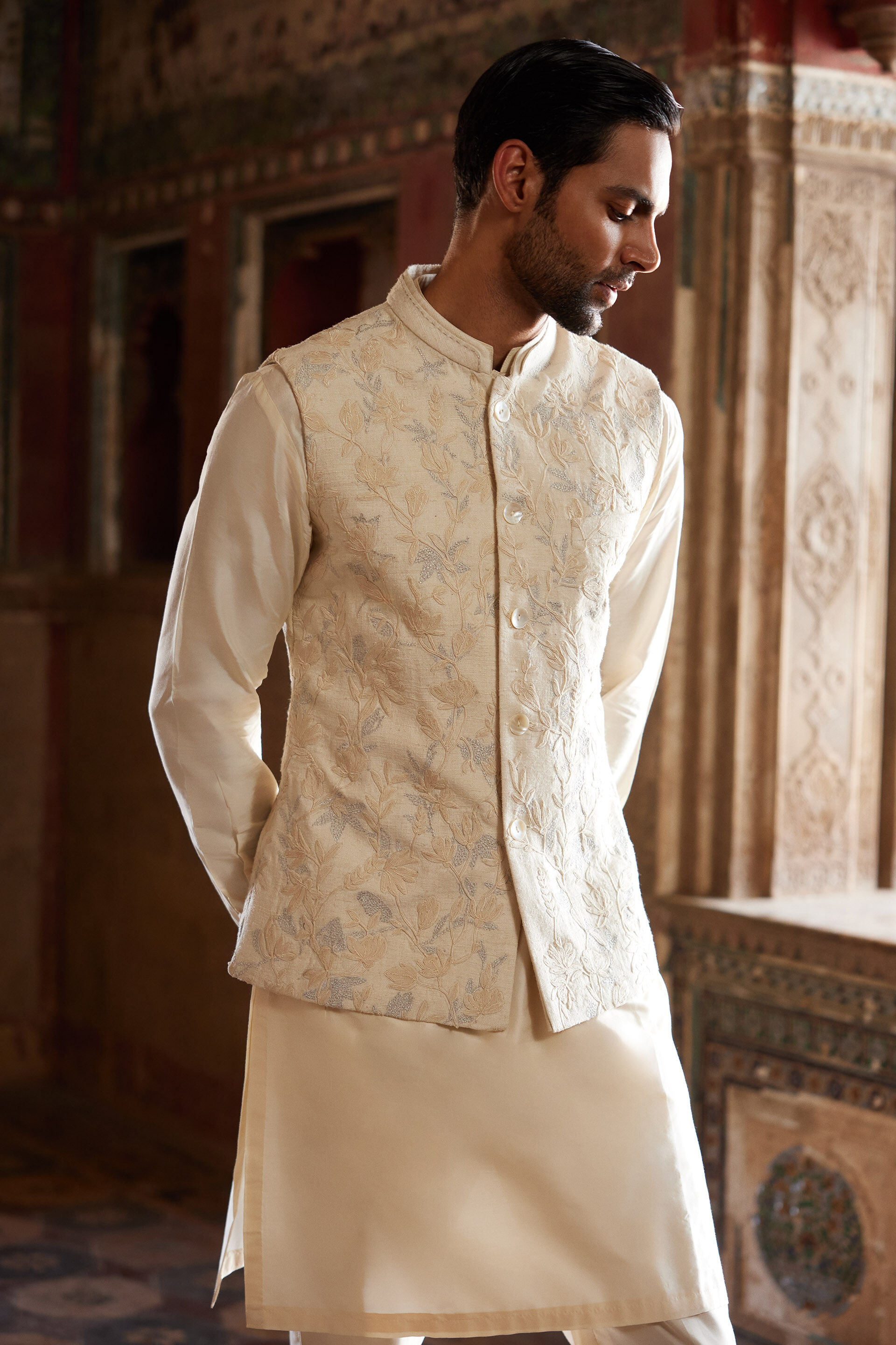 Aaman Embroidered Cord Silk Nehru Jacket Ivory